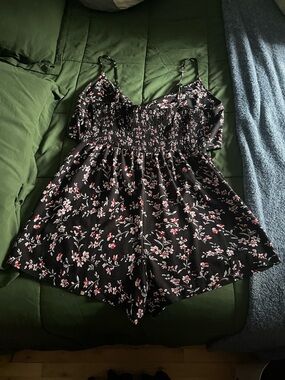 Black Floral Smocked Romper with Front Tie